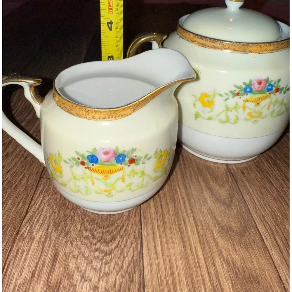 Vintage Cream Floral Sugar Bowl with‎ Lid and Creamer Set Made in Japan